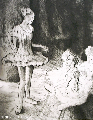 image of backstage conversation drypoint