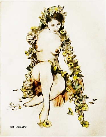 Tinted drypoint engraving of Flowers and Vines